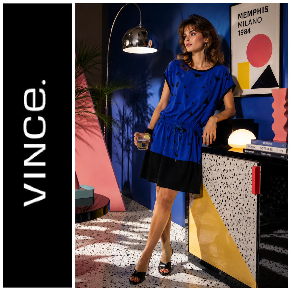 Vince Sz M 100% Silk Blue Black Graphic Print Dress Pockets Drawstring New Wave